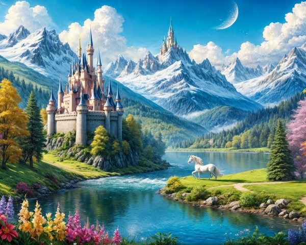 Majestic castle in vibrant landscape with unicorn