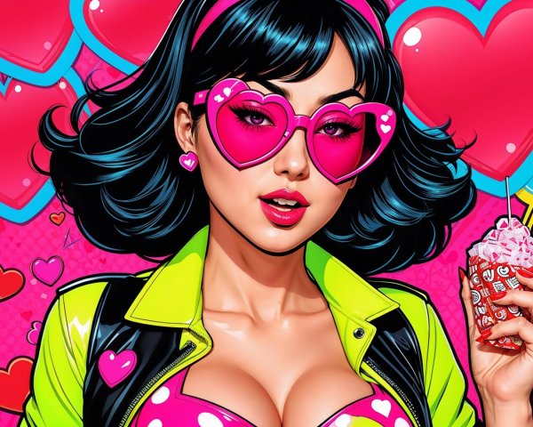Vibrant Pop-Art Illustration of Stylish Woman with Hearts