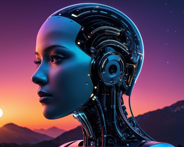 Futuristic Robot Gazing at Vibrant Sunset Landscape