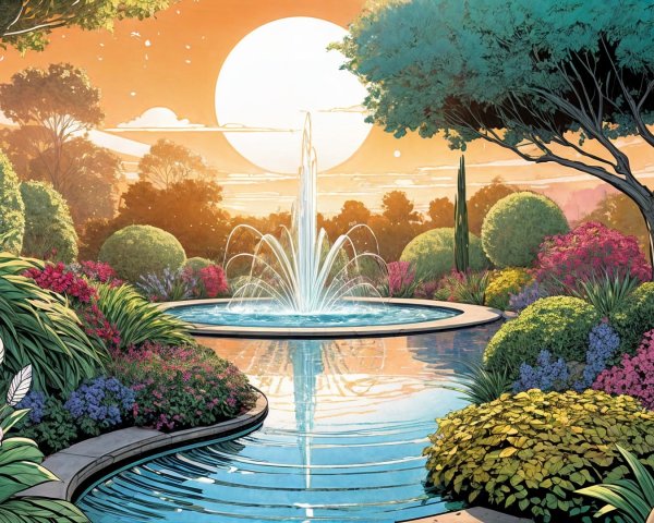 Tranquil Garden Scene with Fountain and Peacock