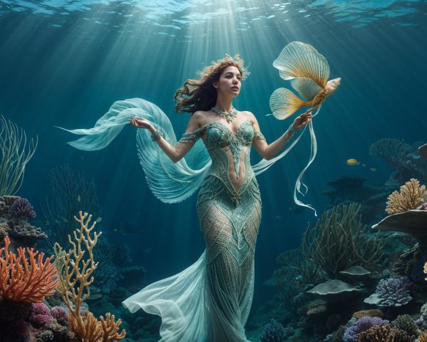 Underwater Scene with Mermaid and Coral Reefs