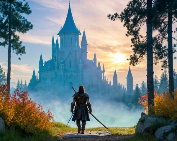 Knight at Forest Edge with Castle at Sunset