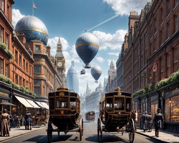 Vintage city street scene with horse-drawn carriages