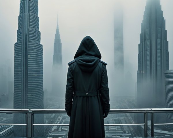 Lone Figure in Cloak Overlooking Futuristic Cityscape