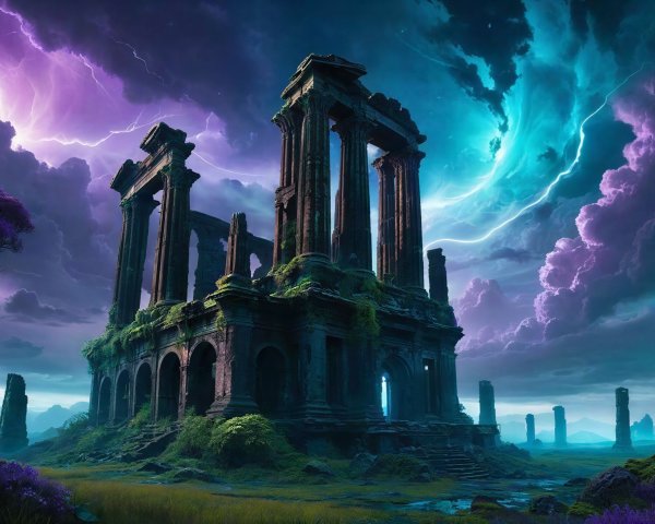 Ancient Stone Ruin in a Fantasy Landscape with Stormy Sky