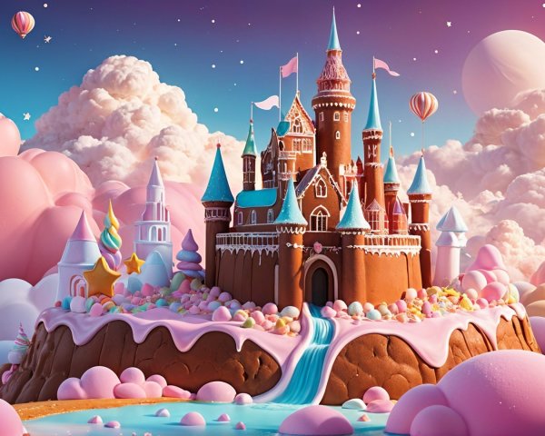 Whimsical Candy Castle in a Pastel Landscape