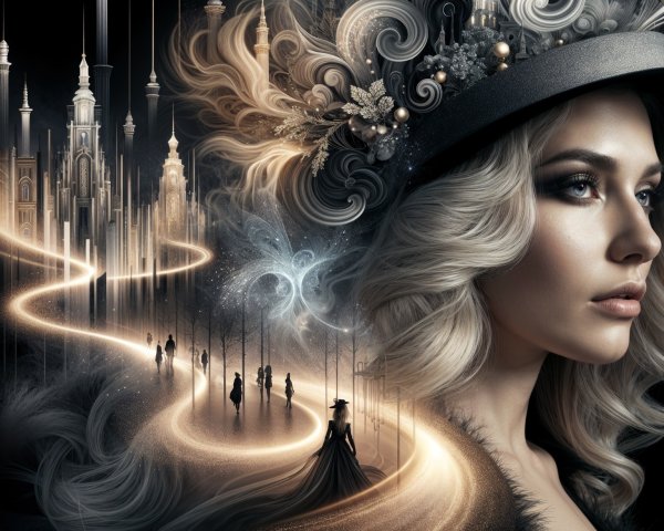 Ethereal Woman in Dreamy Landscape with Luminous Path