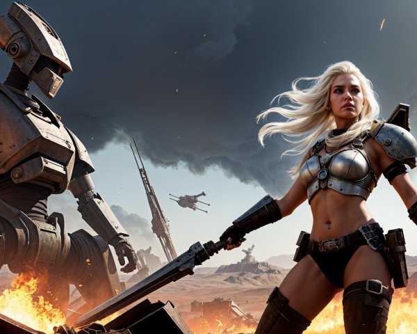 Fierce Female Warrior in Post-Apocalyptic Landscape