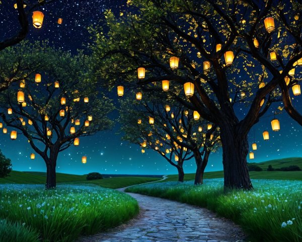 Serene Nighttime Landscape with Winding Stone Path