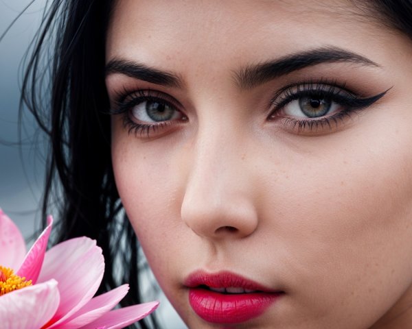 Close-Up Portrait of a Young Woman with Lotus Flower