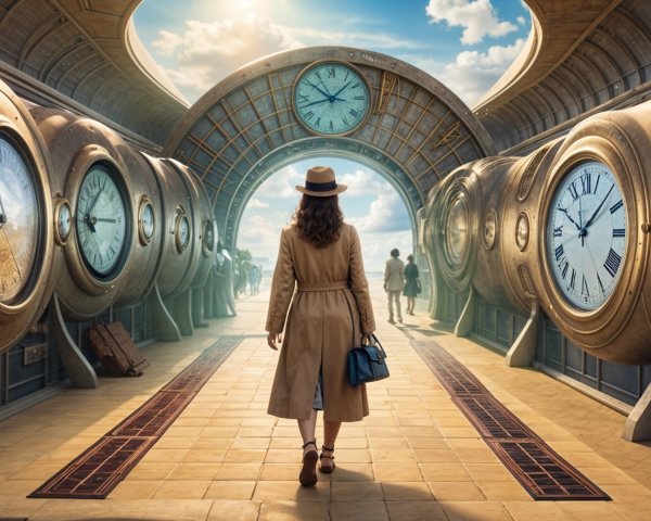 Surreal Corridor with Oversized Clocks and Figures