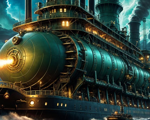 Steampunk Battleship Against Stormy Sky with Machinery