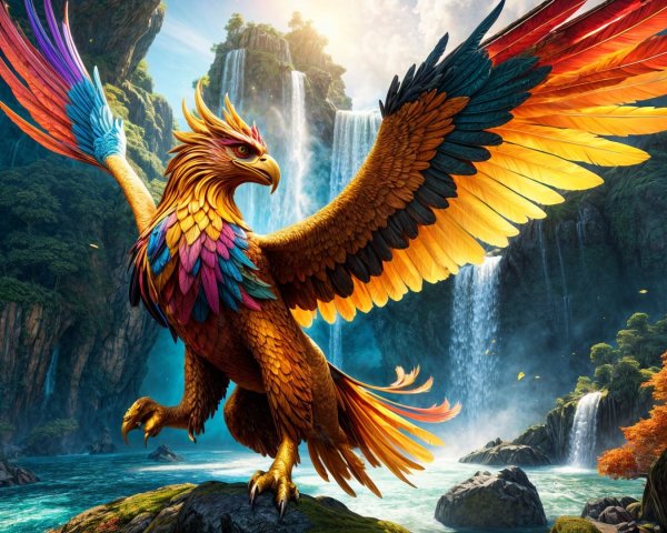 Majestic phoenix on rocky perch with vibrant colors