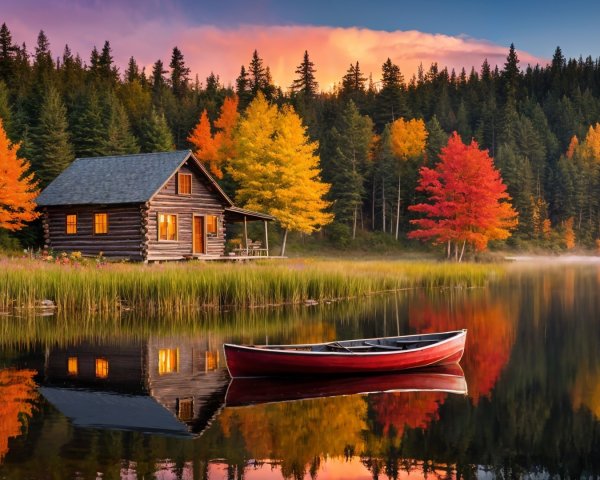 Lakeside Log Cabin Amidst Autumn Foliage and Sunset