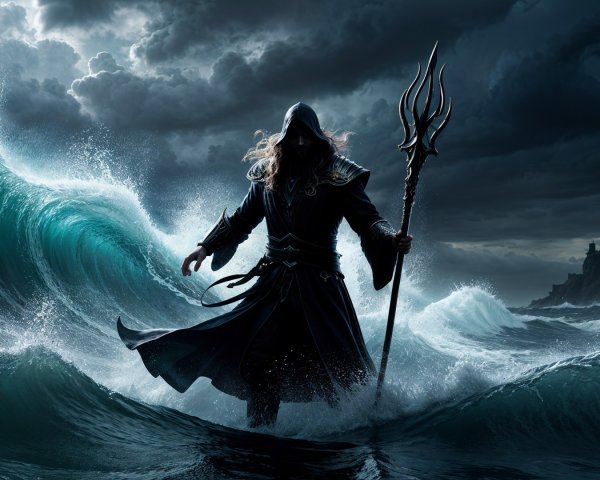 Powerful Figure with Trident Amidst Turbulent Waves