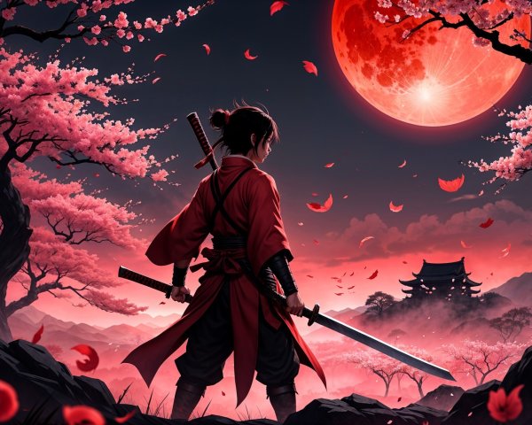 Lone Warrior Silhouetted Against Pink Moon and Pagoda