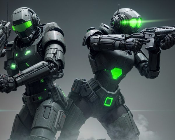 Futuristic robots with high-tech weaponry in dark setting