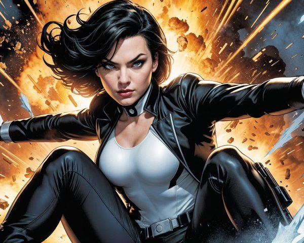 Fierce Female Character in Action Scene with Explosion