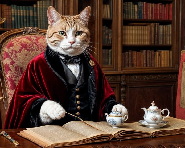 Regal Cat at Elegant Desk with Antique Books and Tea Set