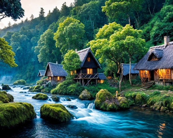 Thatched-roof Cottages by a Serene River Landscape