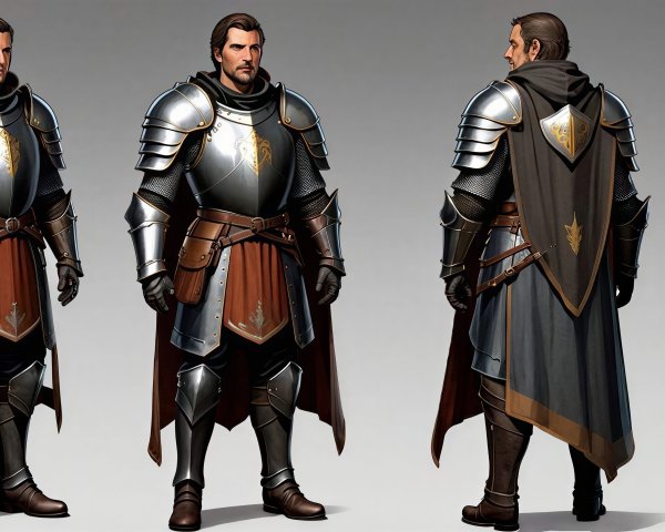 Knight in Polished Gray Armor with Black Cape and Emblem