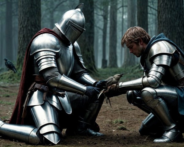 Knights in Armor Caring for a Bird in Misty Forest