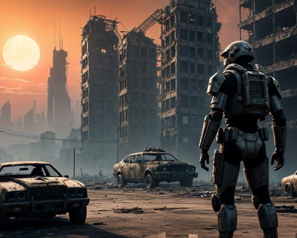 Robotic Figure in Post-Apocalyptic Cityscape at Sunset