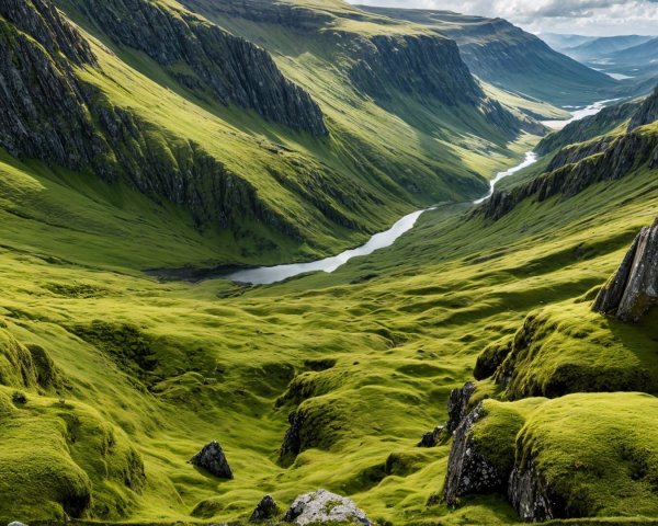 Lush Green Valley Surrounded by Rocky Cliffs and River