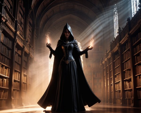 Cloaked Figure Manipulating Light in Dim Library