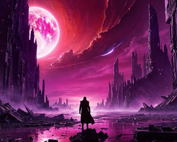 Solitary Figure in Surreal Ruins Under Vibrant Sky