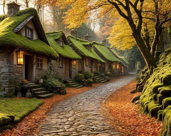 Charming Cobblestone Pathway in Autumn Village Scene