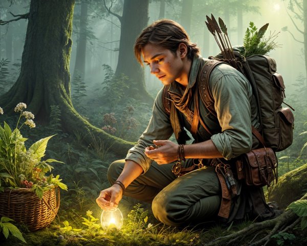 Young man in mystical forest with lantern and ferns
