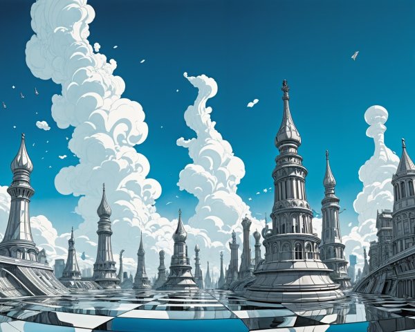 Surreal Cityscape with Monochromatic Structures