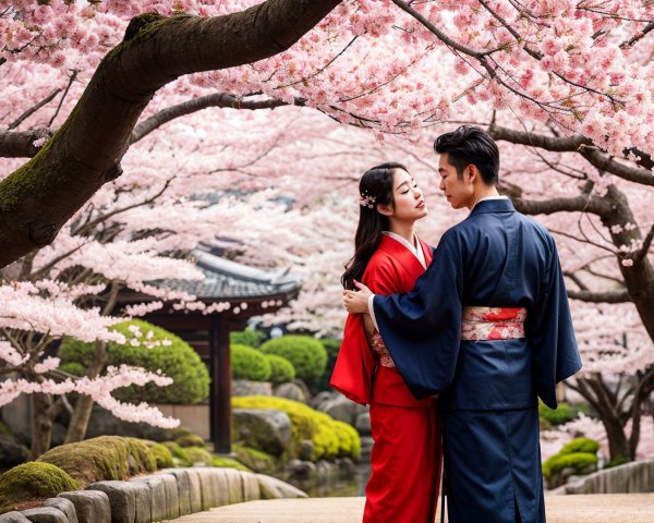 Couple in Kimonos under Cherry Blossom Trees