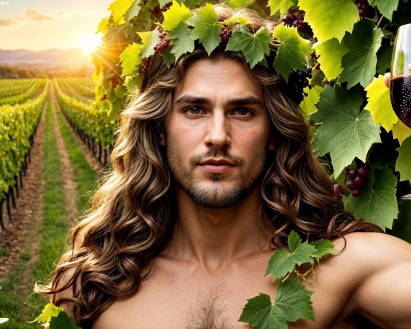 Muscular Man in Vineyard at Sunset with Wine and Grapes