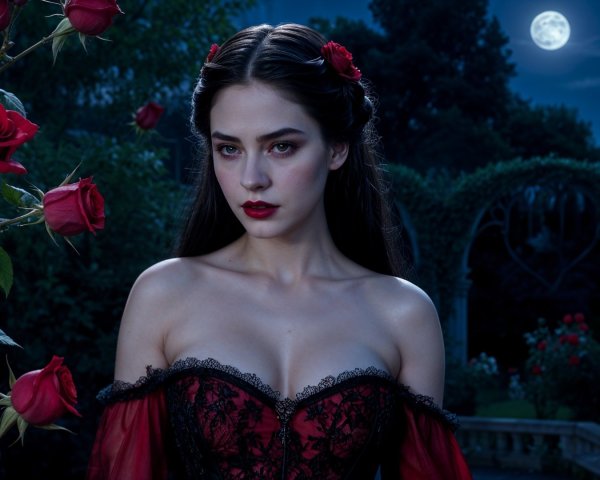 Young woman in moonlit garden with roses and gown