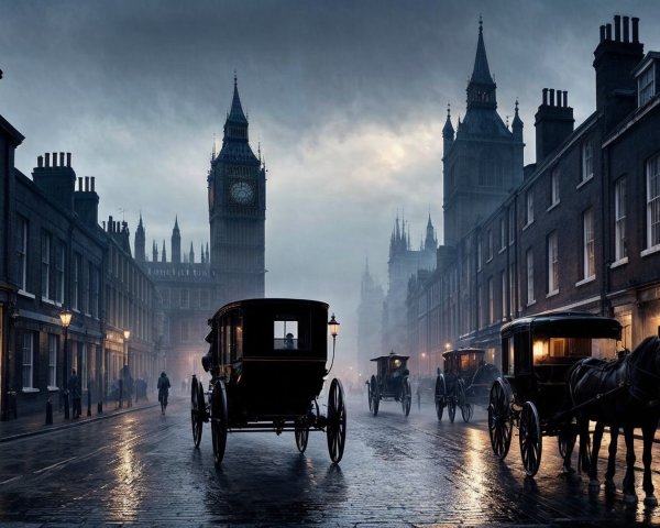 Historic Cobblestone Street with Gas Lamps and Carriages