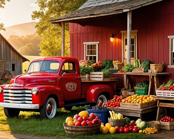 Vintage Red Truck with Fresh Produce by Rustic Barn