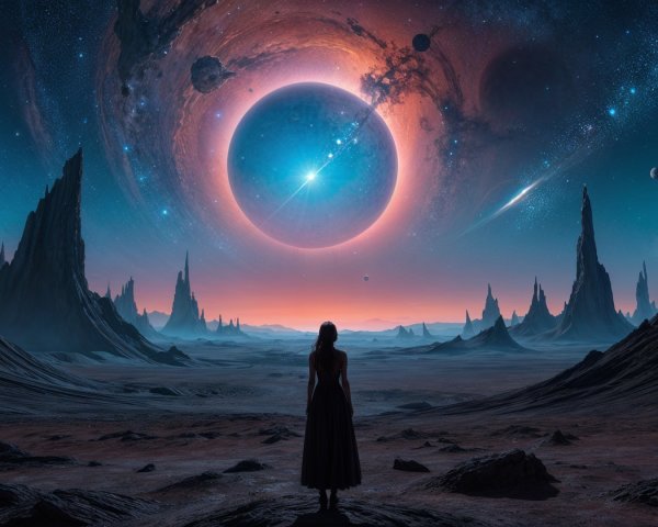Lone Figure in Barren Landscape Under Celestial Scene