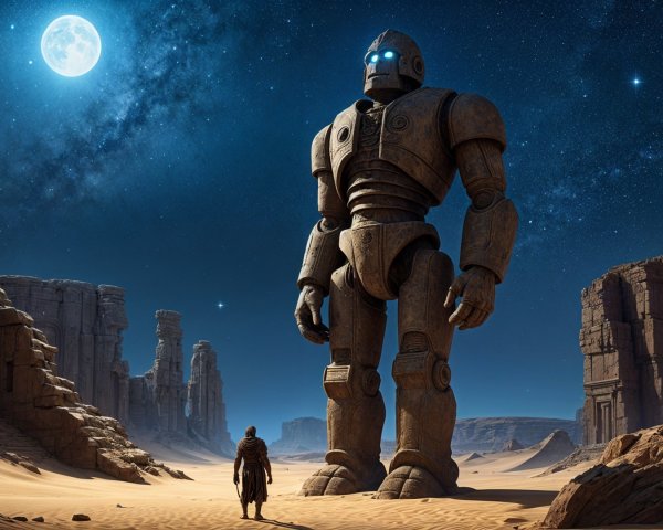 Ancient Robot in Desert Ruins Under Starry Sky