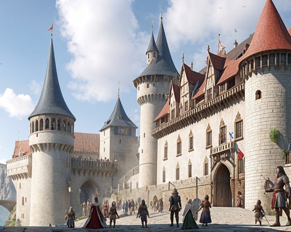 Medieval Castle Scene with Courtyard Activity