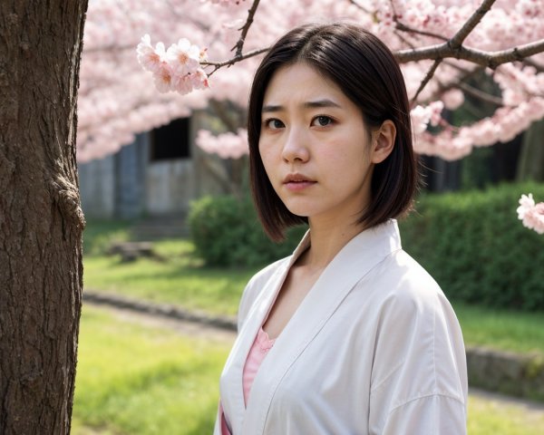 Young woman by cherry blossoms in tranquil setting