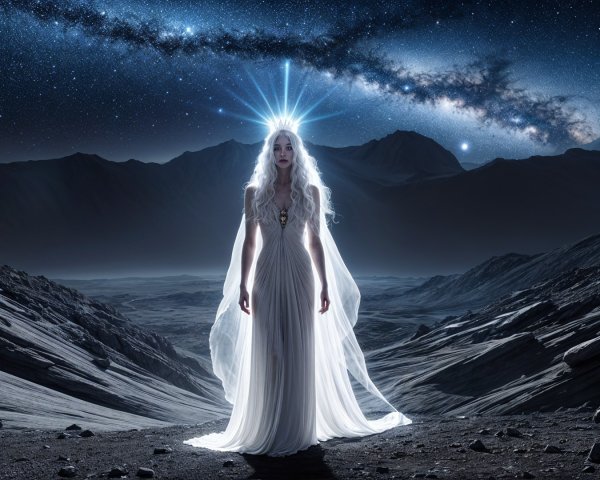 Mystical figure in a lunar landscape with starburst crown