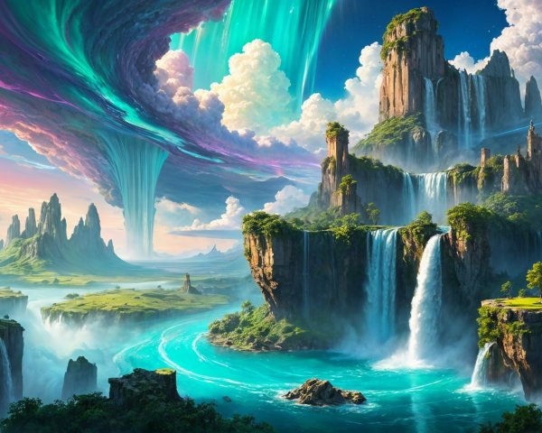 Fantasy Landscape with Mountains, Waterfalls, and Auroras