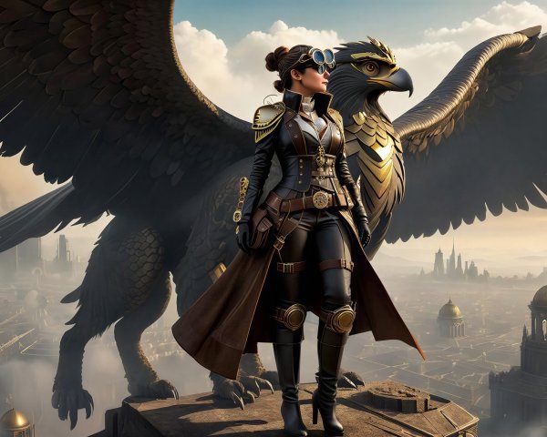 Steampunk Cityscape with Adventurer and Griffin