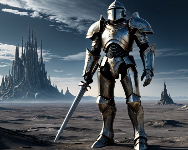 Knight in Silver Armor on Alien Landscape with Castle
