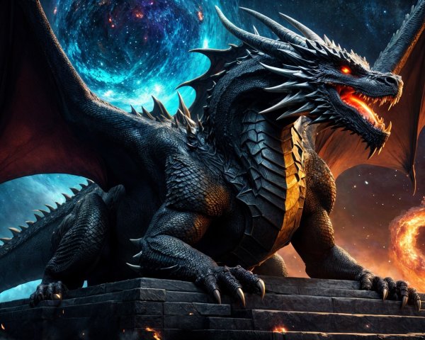 Majestic black dragon on stone pedestal in cosmic scene