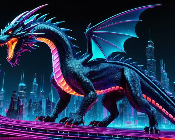 Majestic black dragon with neon accents in skyline