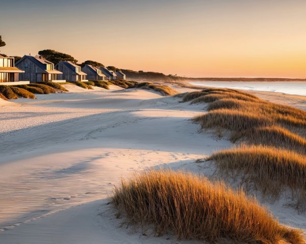 Serene Beachscape at Sunset with Wooden Houses