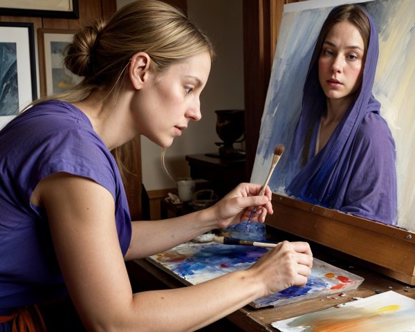 Woman Painting Portrait in Cozy Art Studio Setting